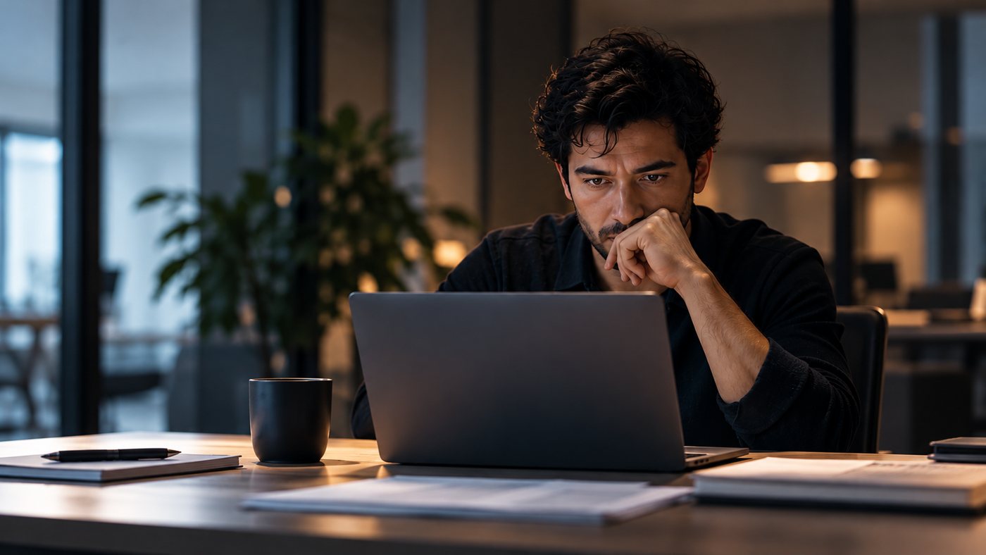 A professional focused on a laptop, late, at the office