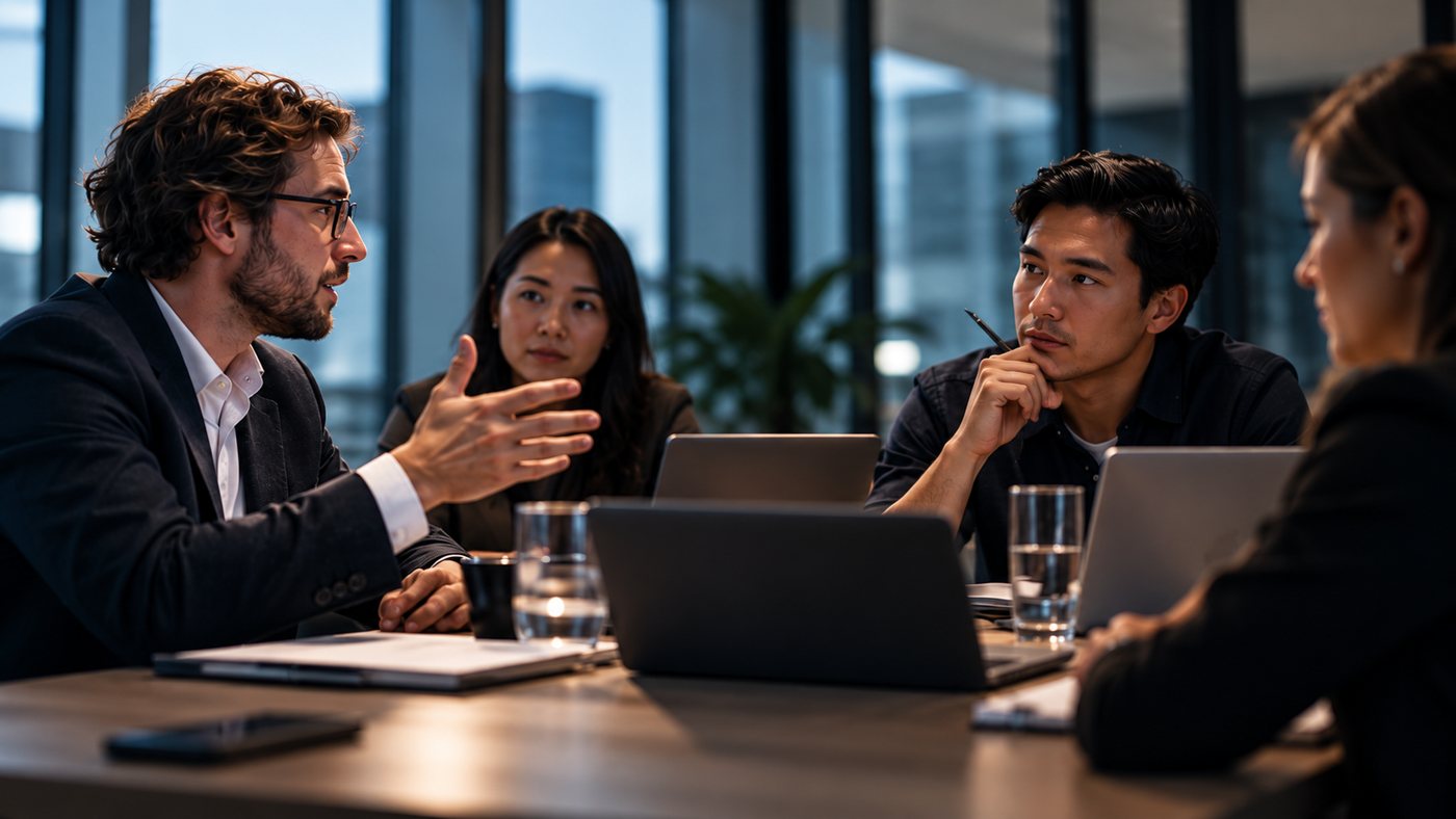 A meeting where one colleague speaks and the others follow in silence