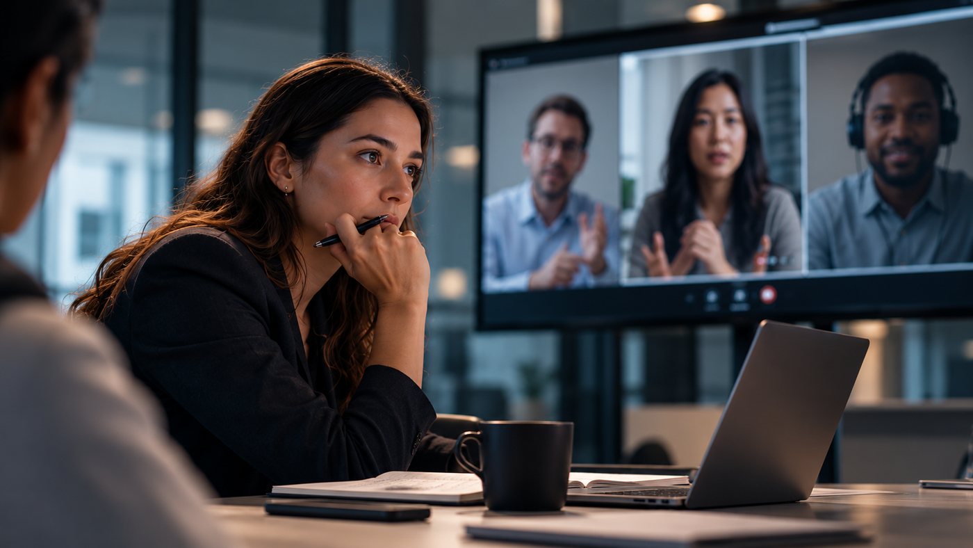 A professional in a meeting room following a call with colleagues abroad