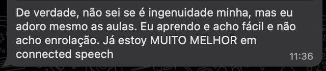 Mensagem de um aluno da SpeakPro contando a evolução no inglês falado