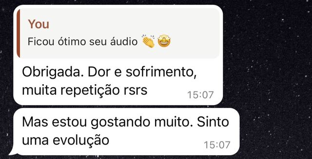 Mensagem de um aluno da SpeakPro contando a evolução no inglês falado
