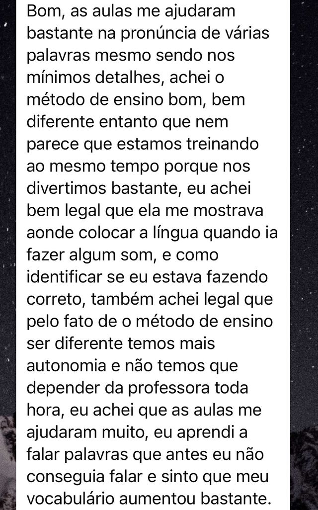 Mensagem de um aluno da SpeakPro contando a evolução no inglês falado